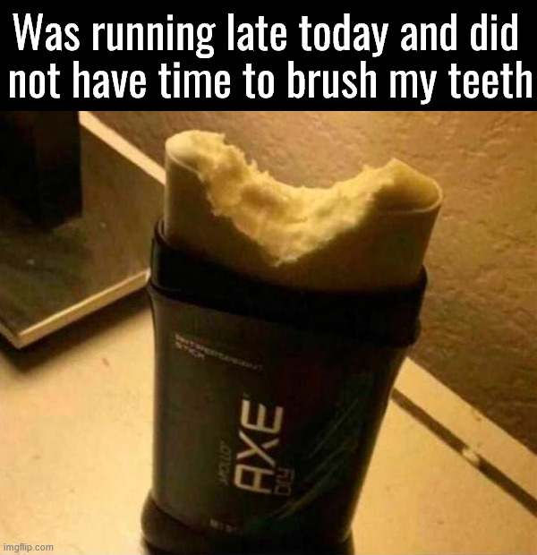 Axe fixes everything | Was running late today and did 
not have time to brush my teeth | image tagged in nasty | made w/ Imgflip meme maker