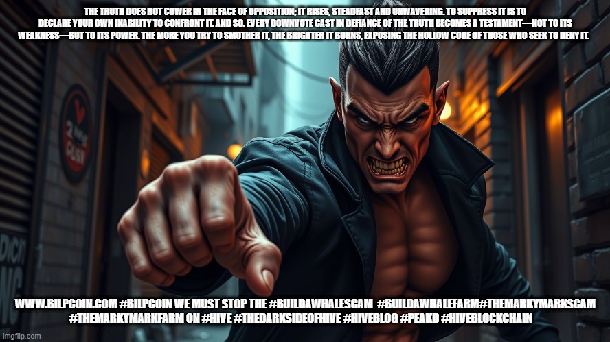 THE TRUTH DOES NOT COWER IN THE FACE OF OPPOSITION; IT RISES, STEADFAST AND UNWAVERING. TO SUPPRESS IT IS TO DECLARE YOUR OWN INABILITY TO CONFRONT IT. AND SO, EVERY DOWNVOTE CAST IN DEFIANCE OF THE TRUTH BECOMES A TESTAMENT—NOT TO ITS WEAKNESS—BUT TO ITS POWER. THE MORE YOU TRY TO SMOTHER IT, THE BRIGHTER IT BURNS, EXPOSING THE HOLLOW CORE OF THOSE WHO SEEK TO DENY IT. WWW.BILPCOIN.COM #BILPCOIN WE MUST STOP THE #BUILDAWHALESCAM  #BUILDAWHALEFARM#THEMARKYMARKSCAM #THEMARKYMARKFARM ON #HIVE #THEDARKSIDEOFHIVE #HIVEBLOG #PEAKD #HIVEBLOCKCHAIN | made w/ Imgflip meme maker