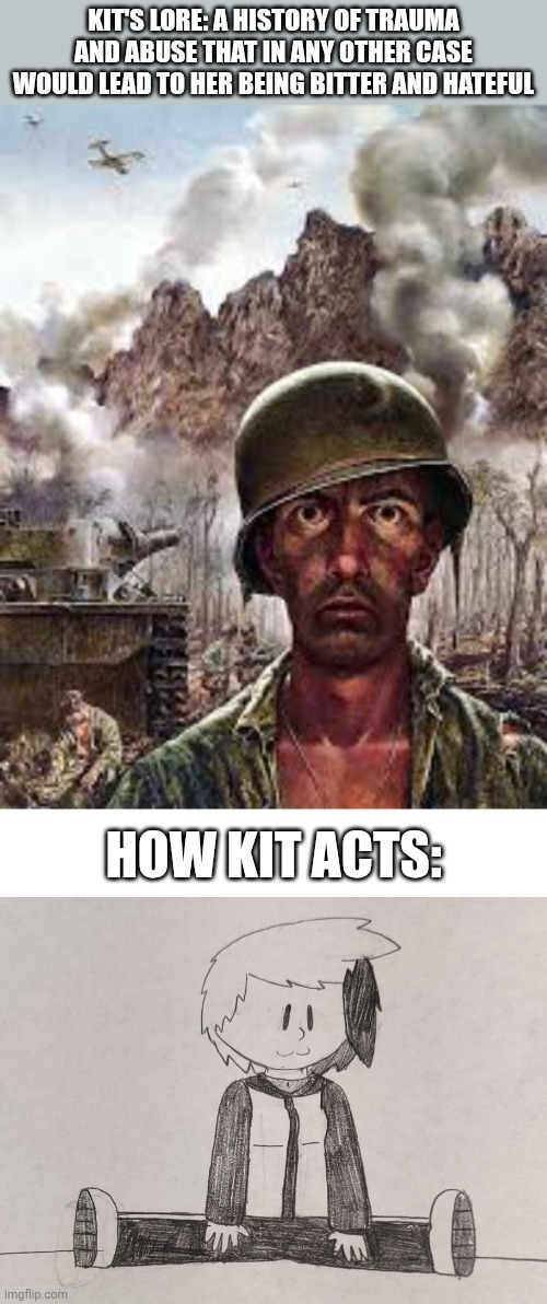 KIT'S LORE: A HISTORY OF TRAUMA AND ABUSE THAT IN ANY OTHER CASE WOULD LEAD TO HER BEING BITTER AND HATEFUL; HOW KIT ACTS: | made w/ Imgflip meme maker