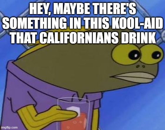 Spongebob long neck | HEY, MAYBE THERE'S SOMETHING IN THIS KOOL-AID THAT CALIFORNIANS DRINK | image tagged in spongebob long neck | made w/ Imgflip meme maker