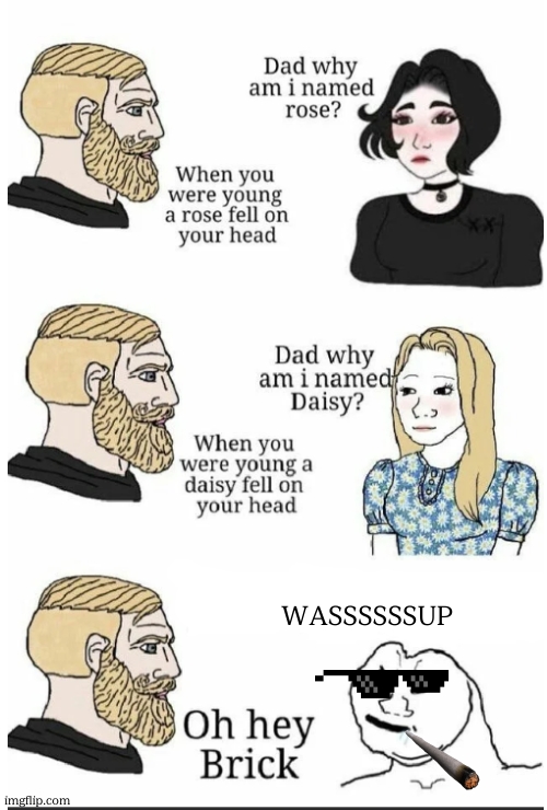 oh hey brick | WASSSSSSUP | image tagged in oh hey brick,memes,funny,stop reading the tags | made w/ Imgflip meme maker