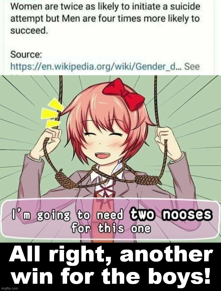 Another win for guys | All right, another win for the boys! | image tagged in dark humor | made w/ Imgflip meme maker