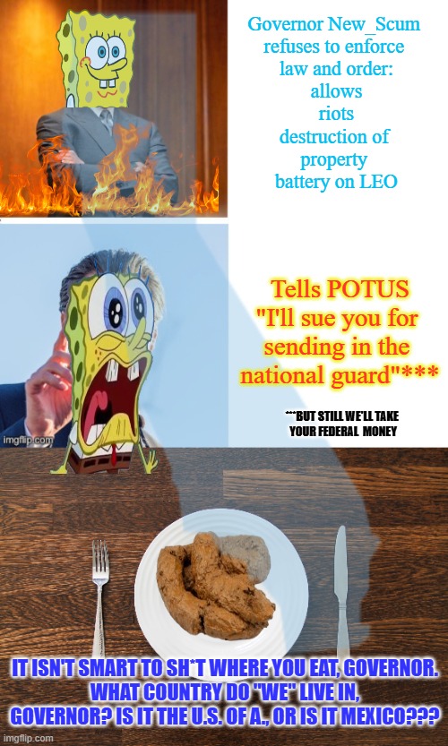And Certain People think Florida is a Joke . . .Whatever. | Governor New_Scum 
refuses to enforce 
law and order:
allows
riots
destruction of 
property 
battery on LEO; Tells POTUS
"I'll sue you for 
sending in the 
national guard"***; ***BUT STILL WE'LL TAKE 
YOUR FEDERAL  MONEY; IT ISN'T SMART TO SH*T WHERE YOU EAT, GOVERNOR.
WHAT COUNTRY DO "WE" LIVE IN, GOVERNOR? IS IT THE U.S. OF A., OR IS IT MEXICO??? | image tagged in gavin newsom hypocrite,empty plate | made w/ Imgflip meme maker