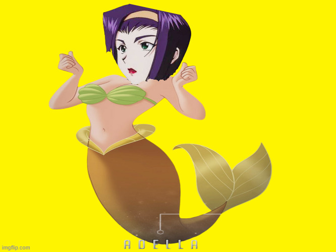 mermaid faye valentine | image tagged in yellow background,cowboy bebop,anime,mermaid faye valentine,the little mermaid,sexy women | made w/ Imgflip meme maker