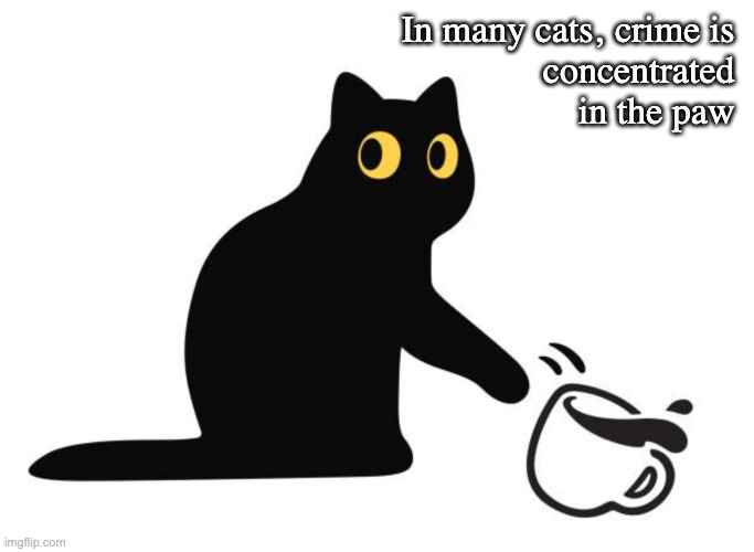 In many cats, crime is concentrated in the paw | crime is 
concentrated 
in the paw; In many cats, | image tagged in cats,crime,coffee | made w/ Imgflip meme maker