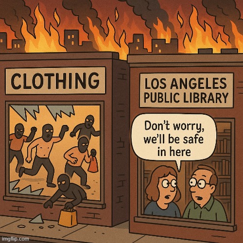 Library's and work yards never seem to experience looting during a riot. | image tagged in la riots 2025,political meme,politics lol,liberals,democrats,looting | made w/ Imgflip meme maker