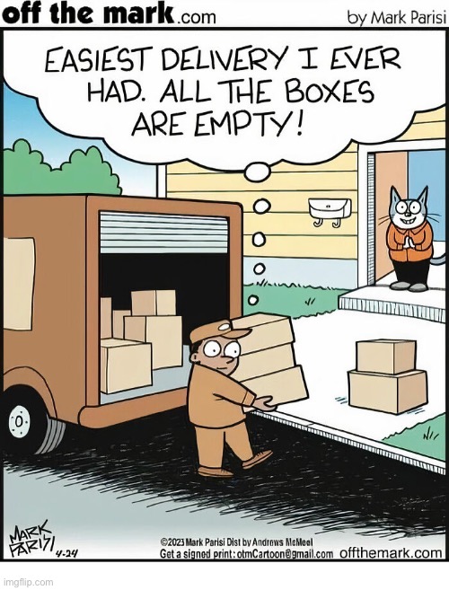 Every cat’s dream! | image tagged in cats,comics,delivery,empty boxes,off the mark | made w/ Imgflip meme maker