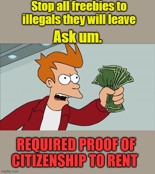 Stop all liar loans | Stop all freebies to illegals they will leave; Ask um. REQUIRED PROOF OF CITIZENSHIP TO RENT | image tagged in memes,shut up and take my money fry | made w/ Imgflip meme maker