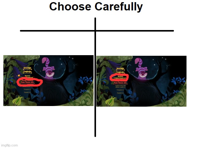 Choose Carefully: Disney Enchanted Home Theater Mix or Restored Original Soundtrack | image tagged in choose carefully,alice in wonderland,2011,blu ray | made w/ Imgflip meme maker