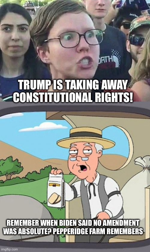 TRUMP IS TAKING AWAY CONSTITUTIONAL RIGHTS! REMEMBER WHEN BIDEN SAID NO AMENDMENT WAS ABSOLUTE? PEPPERIDGE FARM REMEMBERS | image tagged in triggered liberal,memes,pepperidge farm remembers | made w/ Imgflip meme maker