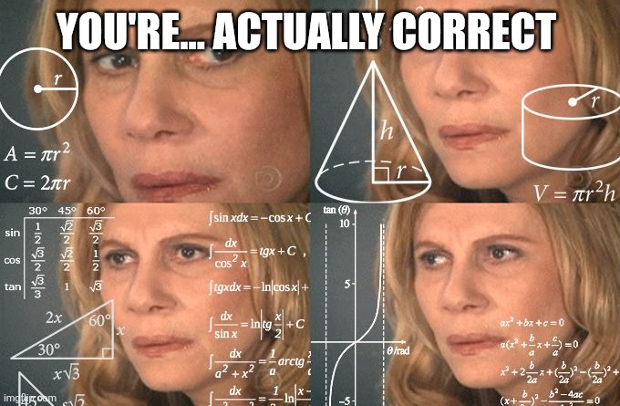 Calculating meme | YOU'RE... ACTUALLY CORRECT | image tagged in calculating meme | made w/ Imgflip meme maker