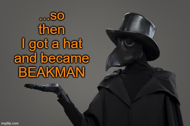 plague doctor | ...so
then
I got a hat
and became
BEAKMAN | image tagged in plague doctor | made w/ Imgflip meme maker