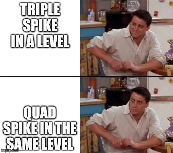 has anyone made a level like this?!? | TRIPLE SPIKE IN A LEVEL; QUAD SPIKE IN THE SAME LEVEL | image tagged in surprised joey,geometry dash | made w/ Imgflip meme maker