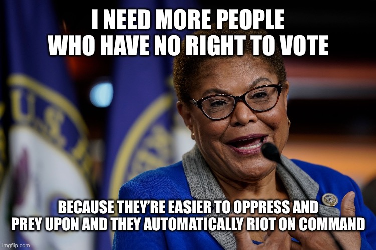 Karen Bass | I NEED MORE PEOPLE WHO HAVE NO RIGHT TO VOTE BECAUSE THEY’RE EASIER TO OPPRESS AND PREY UPON AND THEY AUTOMATICALLY RIOT ON COMMAND | image tagged in karen bass | made w/ Imgflip meme maker