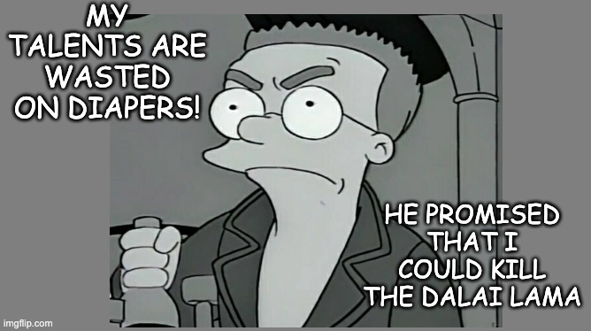 Blank grey | MY TALENTS ARE WASTED ON DIAPERS! HE PROMISED THAT I COULD KILL THE DALAI LAMA | image tagged in blank grey | made w/ Imgflip meme maker