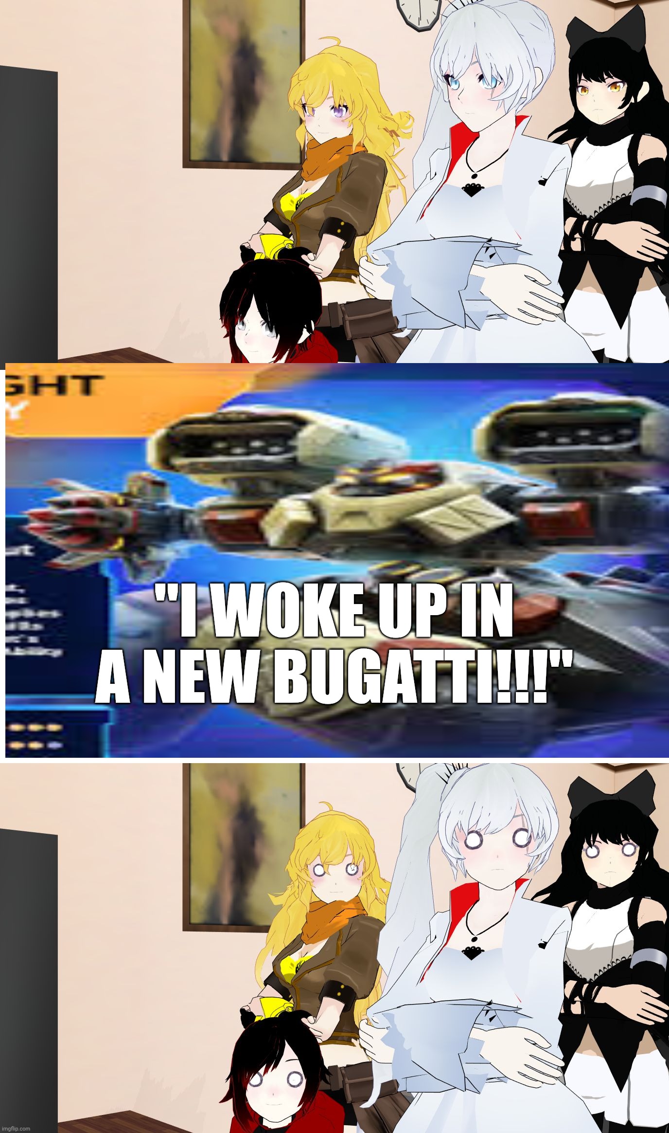 POV: 20 Grimm are coming for you when It comes THIS MECH, driving a cara, and using Wipe Out ability, and screams: | "I WOKE UP IN A NEW BUGATTI!!!" | image tagged in rwby reaction,mech arena | made w/ Imgflip meme maker
