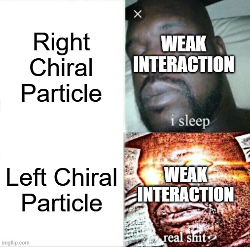 The Weak Interaction and Chirality | Right Chiral Particle; WEAK INTERACTION; Left Chiral Particle; WEAK INTERACTION | image tagged in memes,sleeping shaq | made w/ Imgflip meme maker