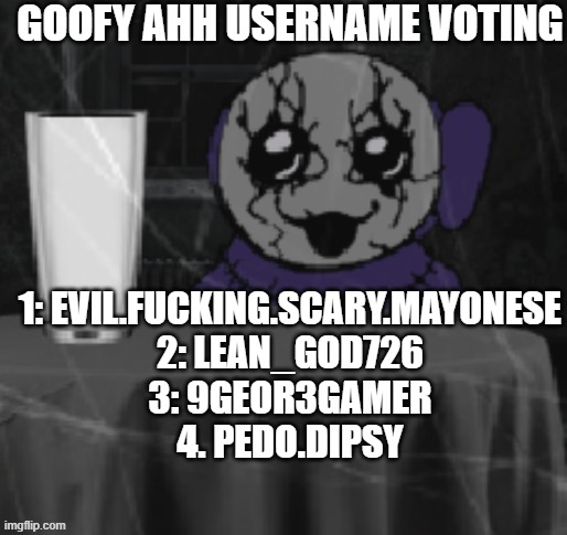 Goober Tinky | GOOFY AHH USERNAME VOTING; 1: EVIL.FUCKING.SCARY.MAYONESE
2: LEAN_GOD726
3: 9GEOR3GAMER
4. PEDO.DIPSY | image tagged in goober tinky | made w/ Imgflip meme maker