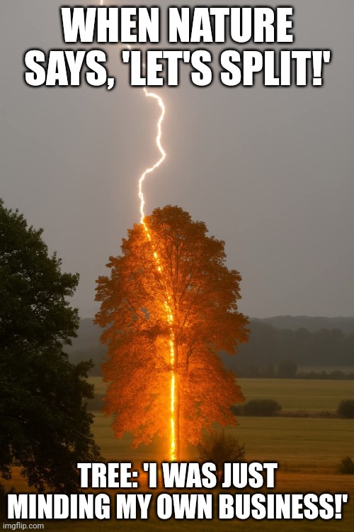 WHEN NATURE SAYS, 'LET'S SPLIT!'; TREE: 'I WAS JUST MINDING MY OWN BUSINESS!' | image tagged in tree,lightning | made w/ Imgflip meme maker