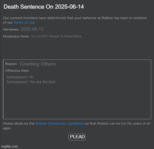 pov: most fair roblox ban | Death Sentence On 2025-06-14; 2025-06-12; You Are NOT Allowed To Greet Others. Greeting Others; funnyplayer2: Hi

funnyplayer2: You are the best; PLEAD | image tagged in roblox ban | made w/ Imgflip meme maker