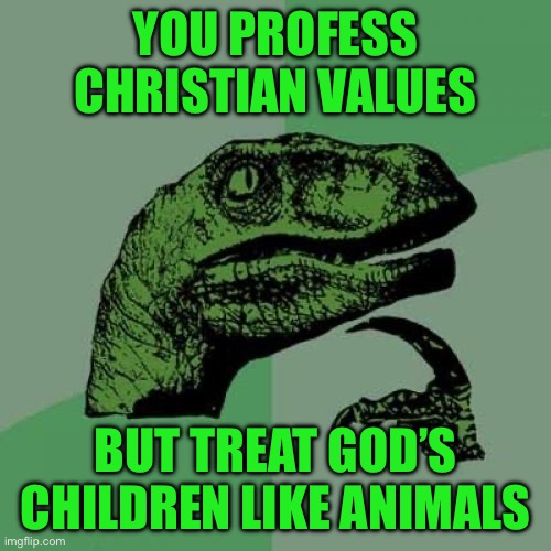 Philosoraptor | YOU PROFESS CHRISTIAN VALUES; BUT TREAT GOD’S CHILDREN LIKE ANIMALS | image tagged in memes,philosoraptor | made w/ Imgflip meme maker