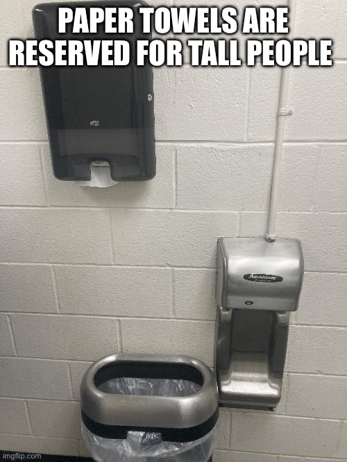 PAPER TOWELS ARE RESERVED FOR TALL PEOPLE | image tagged in tall,people,lol,oh wow are you actually reading these tags | made w/ Imgflip meme maker