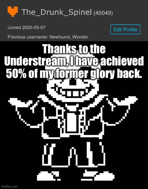 Thanks to the Understream, I have achieved 50% of my former glory back. | image tagged in sans undertale,sand under table topic | made w/ Imgflip meme maker