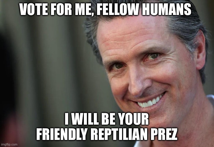 Gavin Newsom | VOTE FOR ME, FELLOW HUMANS; I WILL BE YOUR FRIENDLY REPTILIAN PREZ | image tagged in gavin newsom,reptilians,politics,political meme | made w/ Imgflip meme maker
