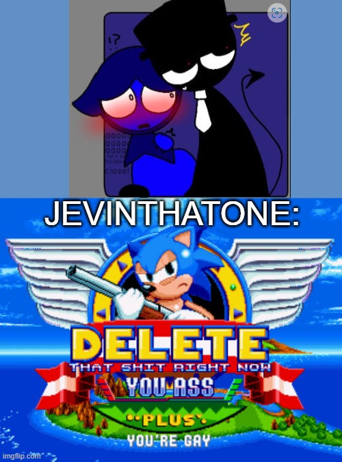Sonic holding a shotgun to tell you to delete | JEVINTHATONE: | image tagged in sonic holding a shotgun to tell you to delete | made w/ Imgflip meme maker