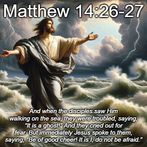 Trust in Jesus and he will calm the stormy seas. Give you trust to him and he will comfort you. | Matthew 14:26-27; And when the disciples saw Him walking on the sea, they were troubled, saying, “It is a ghost!” And they cried out for fear. But immediately Jesus spoke to them, saying, “Be of good cheer! It is I; do not be afraid.” | image tagged in christiansonly,jesus christ,do not fear | made w/ Imgflip meme maker