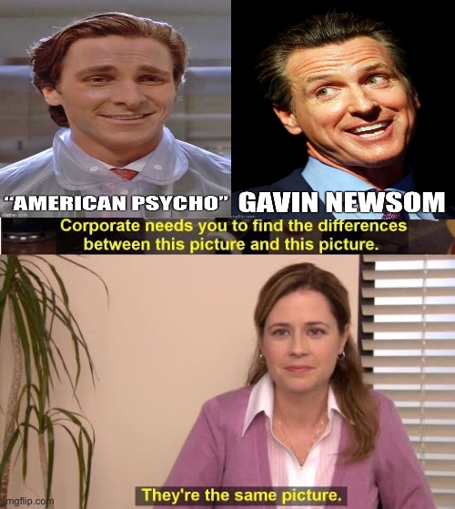 They’re both the same kind of scumbag… | image tagged in they're both the same picture,political meme,american psycho,gavin newsom,scumbags | made w/ Imgflip meme maker