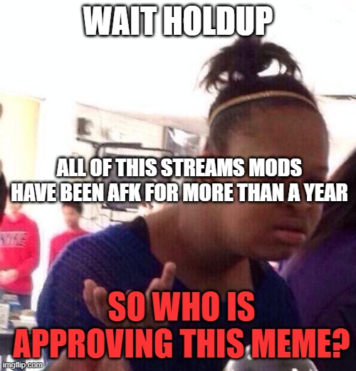 Mod plz identify themselves :) | WAIT HOLDUP; ALL OF THIS STREAMS MODS HAVE BEEN AFK FOR MORE THAN A YEAR; SO WHO IS APPROVING THIS MEME? | image tagged in memes,black girl wat | made w/ Imgflip meme maker