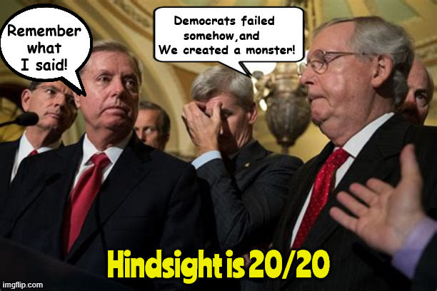 Some GOP hindsight | Democrats failed somehow,and 
 We created a monster! Remember what I said! Hindsight is 20/20 | image tagged in some gop hindsight,win not destroy,fascists don't care,trump is the antichrist,usa to default the revenge,maga morons | made w/ Imgflip meme maker