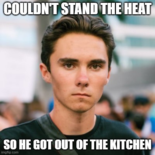 Bye Bye Democratic Party? | COULDN'T STAND THE HEAT; SO HE GOT OUT OF THE KITCHEN | image tagged in david hogg | made w/ Imgflip meme maker