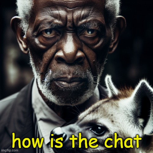 morgan freeman glaring at you holding a hyena | how is the chat | image tagged in morgan freeman glaring at you holding a hyena | made w/ Imgflip meme maker