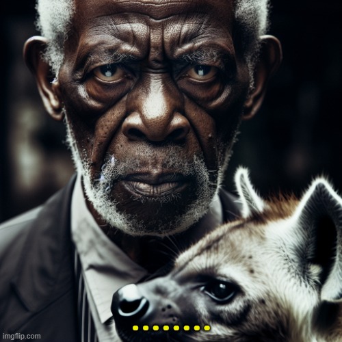 morgan freeman glaring at you holding a hyena | ........ | image tagged in morgan freeman glaring at you holding a hyena | made w/ Imgflip meme maker