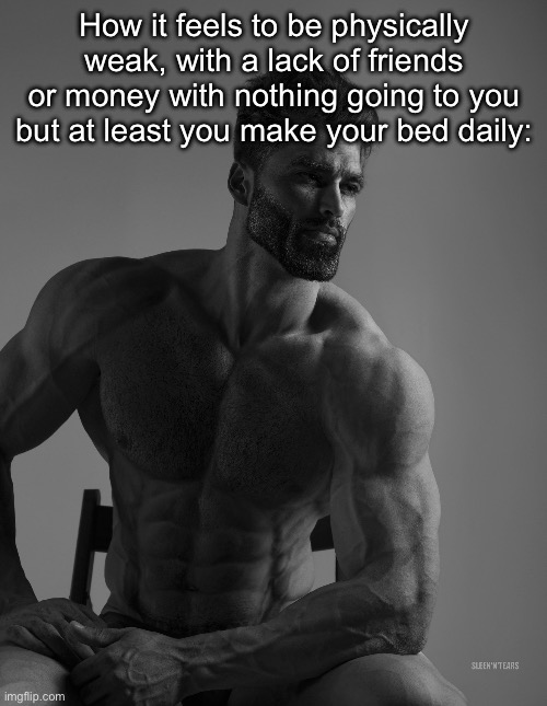 I’m so tidy gng | How it feels to be physically weak, with a lack of friends or money with nothing going to you but at least you make your bed daily: | image tagged in giga chad | made w/ Imgflip meme maker