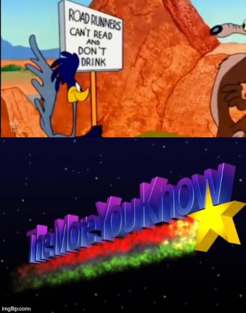 "Roadrunners can't read and don't drink" | image tagged in the more you know,roadrunner,looney tunes,cartoons,memes | made w/ Imgflip meme maker