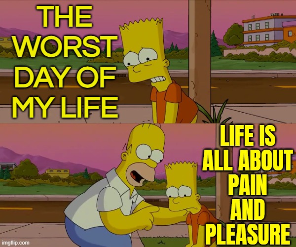 Life Is All About Pain And Pleasure | THE
WORST
DAY OF
MY LIFE; LIFE IS
ALL ABOUT
PAIN
AND
PLEASURE | image tagged in worst day of my life,pain,pleasure,life sucks,life,i don't want to live on this planet anymore | made w/ Imgflip meme maker