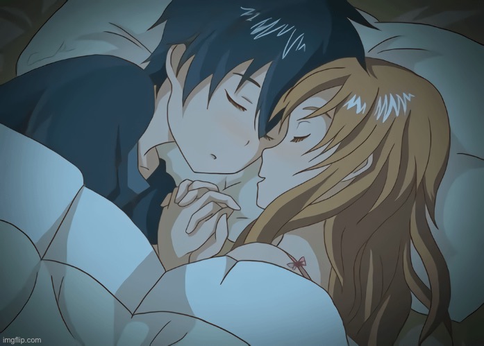 Asuna and Kirito cuddle | image tagged in wholesome,cuddle,sword art online,anime,sleep | made w/ Imgflip meme maker