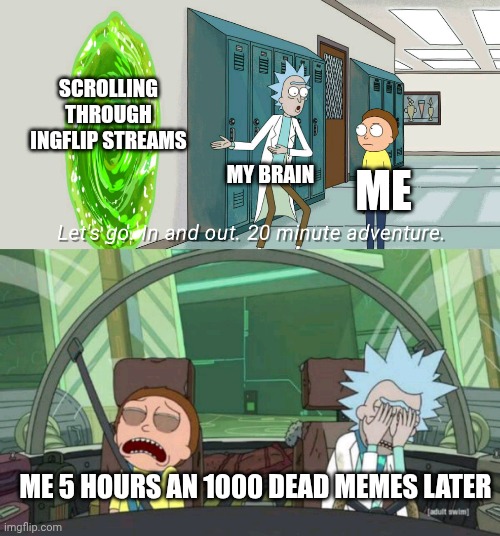E | SCROLLING THROUGH INGFLIP STREAMS; MY BRAIN; ME; ME 5 HOURS AN 1000 DEAD MEMES LATER | image tagged in 20 minute adventure rick morty | made w/ Imgflip meme maker