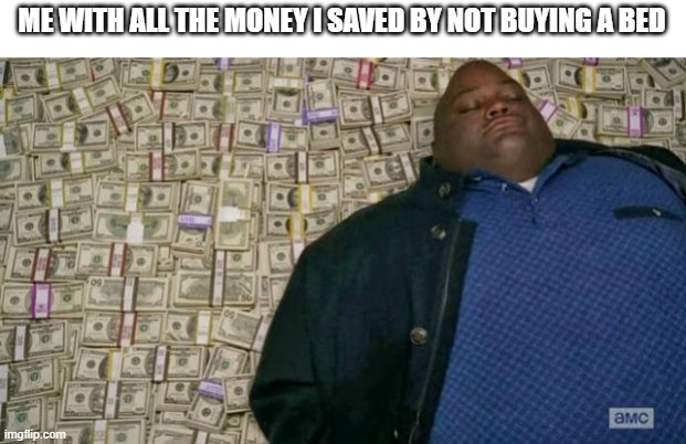 huell money | ME WITH ALL THE MONEY I SAVED BY NOT BUYING A BED | image tagged in huell money | made w/ Imgflip meme maker
