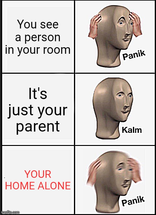 It's The Boiled One | You see a person in your room; It's just your parent; YOUR HOME ALONE | image tagged in memes,panik kalm panik | made w/ Imgflip meme maker