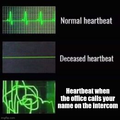 Heart attack sometimes | Heartbeat when the office calls your name on the intercom | image tagged in heartbeat rate,school,heart attack | made w/ Imgflip meme maker