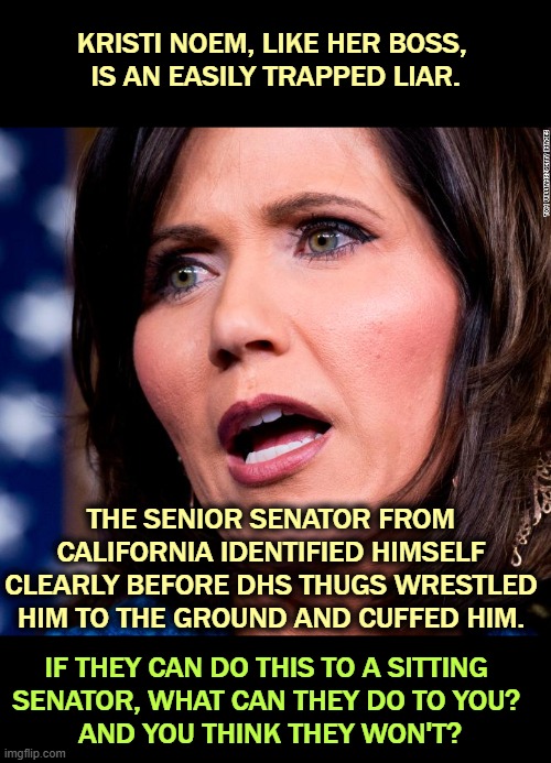 Physically assaulting a U.S. Senator? KRISTI NOEM, RESIGN! Go somewhere and shoot a dog, but get out of Washington. | KRISTI NOEM, LIKE HER BOSS, 
IS AN EASILY TRAPPED LIAR. THE SENIOR SENATOR FROM CALIFORNIA IDENTIFIED HIMSELF CLEARLY BEFORE DHS THUGS WRESTLED HIM TO THE GROUND AND CUFFED HIM. IF THEY CAN DO THIS TO A SITTING 
SENATOR, WHAT CAN THEY DO TO YOU? 
AND YOU THINK THEY WON'T? | image tagged in kristi noem mouth wide open,kristi noem,dhs,homeland security,nazi,gestapo | made w/ Imgflip meme maker