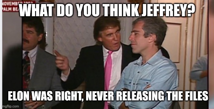 Trump and Epstein | WHAT DO YOU THINK JEFFREY? ELON WAS RIGHT, NEVER RELEASING THE FILES | image tagged in trump and epstein | made w/ Imgflip meme maker
