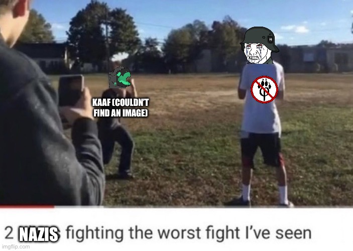 Both are pretty much Nazis (KAAF ideologically, Anti Furries aesthetically and ideologically), but at least they hate each othe | KAAF (COULDN’T FIND AN IMAGE); NAZIS | image tagged in two idiots fighting | made w/ Imgflip meme maker