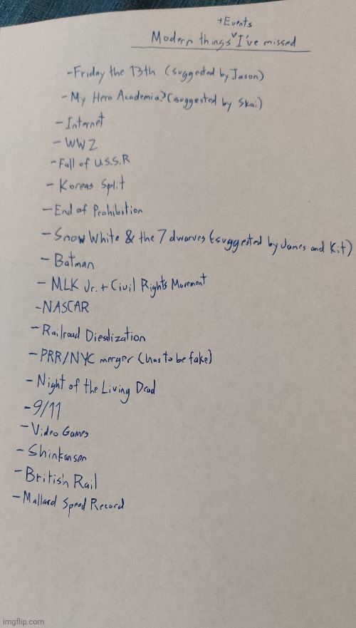 Smudge's list of things he's missed | made w/ Imgflip meme maker