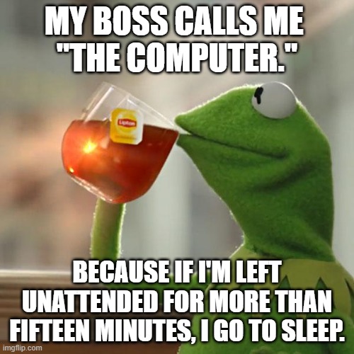 You've probably heard this joke before. But that's none of my business. | MY BOSS CALLS ME 
"THE COMPUTER."; BECAUSE IF I'M LEFT UNATTENDED FOR MORE THAN FIFTEEN MINUTES, I GO TO SLEEP. | image tagged in memes,but that's none of my business,kermit the frog | made w/ Imgflip meme maker