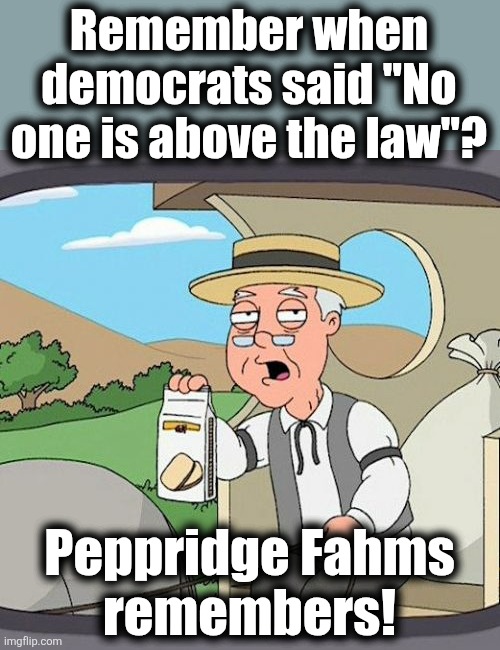 Pepperidge Farm Remembers | Remember when democrats said "No one is above the law"? Peppridge Fahms
remembers! | image tagged in memes,pepperidge farm remembers,democrats,above the law,immigration laws,los angeles riots | made w/ Imgflip meme maker